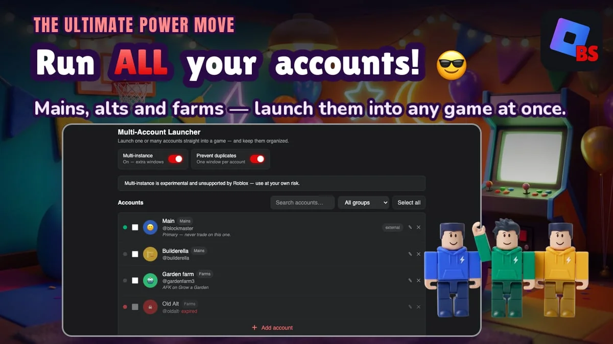 BetterStrap multi-instance launcher managing several Roblox accounts