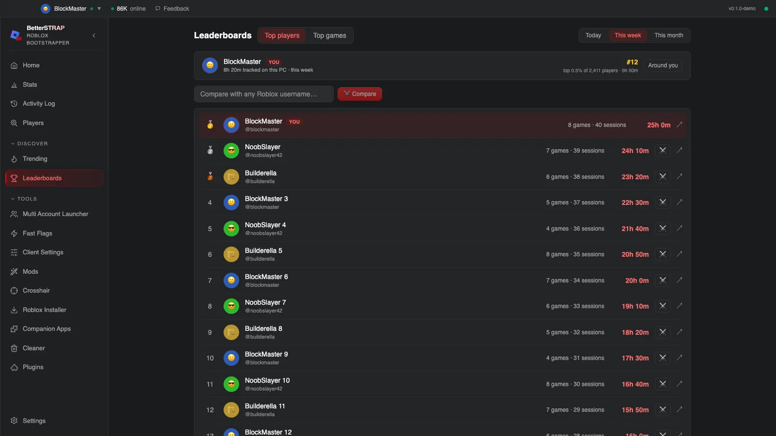 BetterStrap Roblox playtime leaderboards ranking players by hours